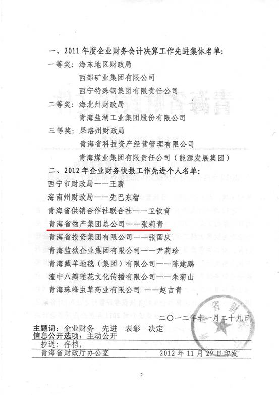 物產(chǎn)集團(tuán)榮獲2011年度財務(wù)決算先進(jìn)單位、2012年度財務(wù)快報工作先進(jìn)個人表彰